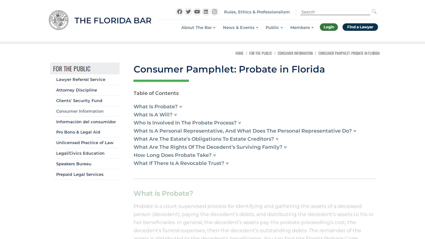 Consumer Pamphlet: Probate in Florida – The Florida Bar